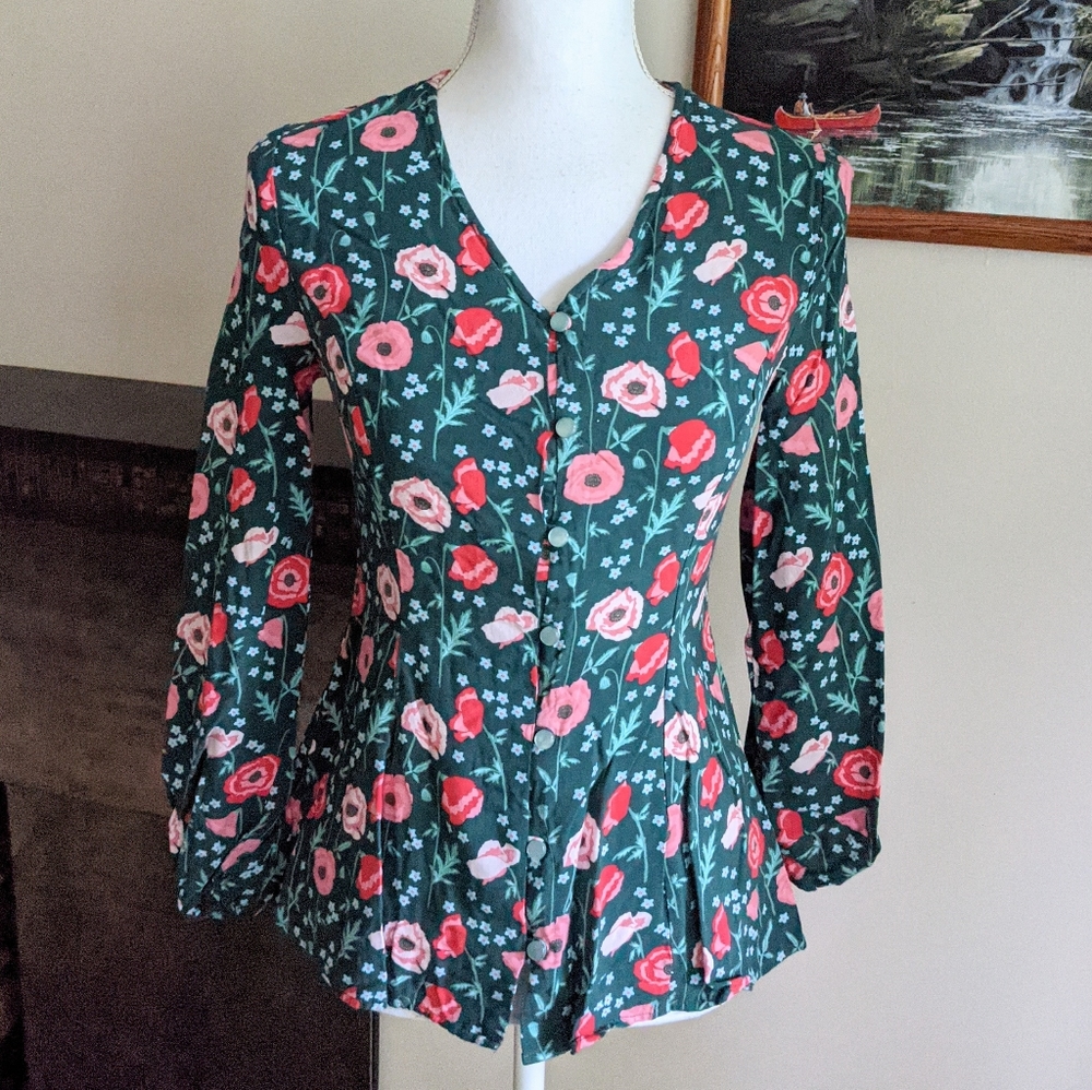 Matilda Jane Yesteryear Floral Blouse Wmns XS Peplum Button Front Top Green 134